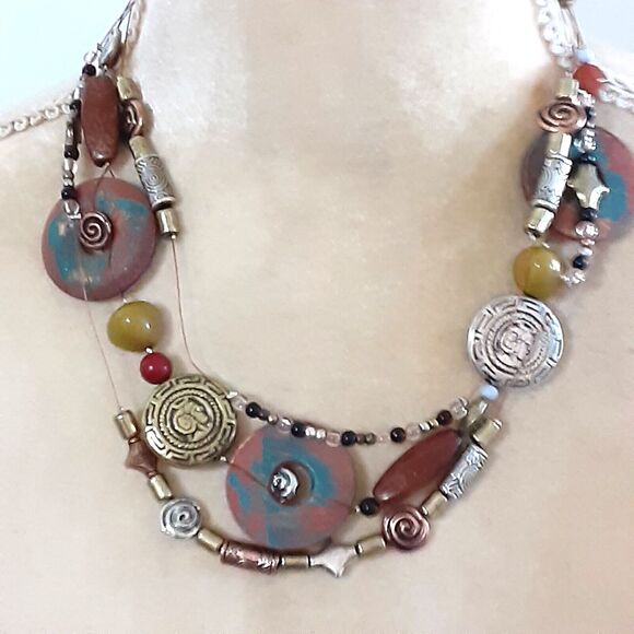 Boho artistic 3 strand floating 16" necklace beaded silver tone accents - Picture 2 of 4